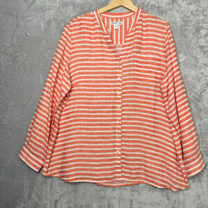 Coldwater Creek Top Womens 18 Peach White Stripe Linen Button Down Long Sleeve